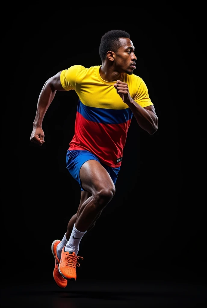 ECUADORIAN WIH THE T SHIRT OF ECUADORE ATHLETE RUNNING WITH A BLACK BACKGROUND IN PROFILE AND WHO LOOKS EPIC THE SKIN color BLACK quitale los logos solo deja lso colores de la camiseta 