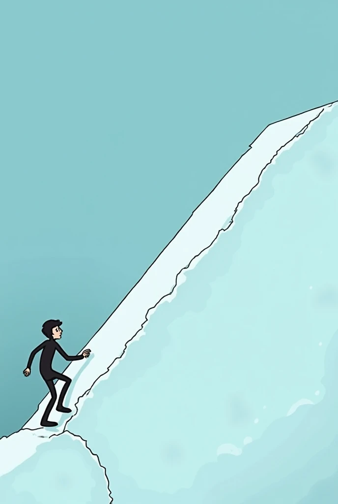 Make an animated image like a cartoon with cold colors with a very long horizontal ramp in the foreground and a person trying to climb very difficult+