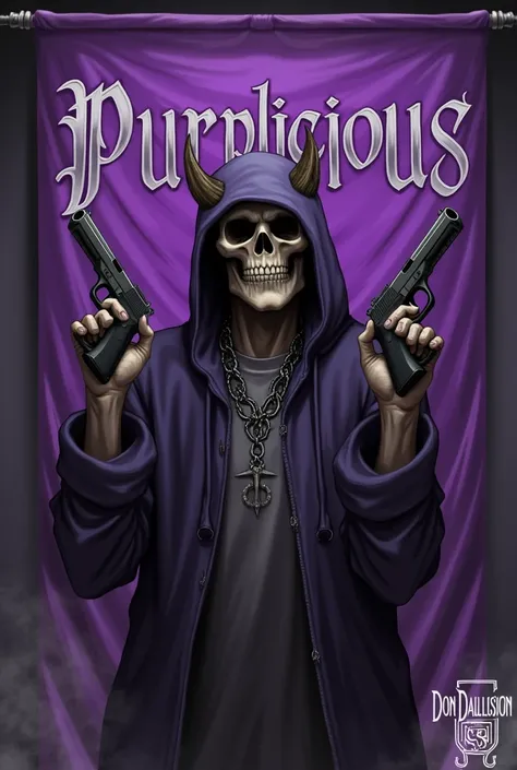 digital illustration featuring a skull-headed figure with horns, wearing a purple hooded garment and a chain necklace. The figure holds two pistols, one in each hand, against a backdrop of a purple banner displaying the word "Purplicious" in gothic-style l...