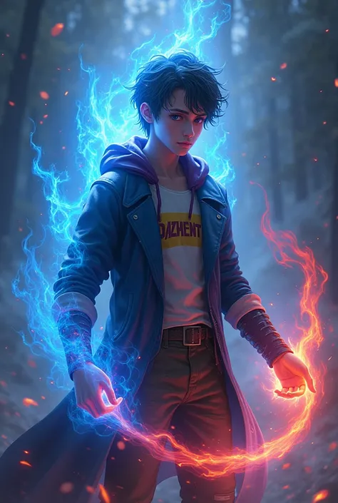 A young white wizard, radiant with blue and red fire and who wears a jacket or shirt that says Dazhent