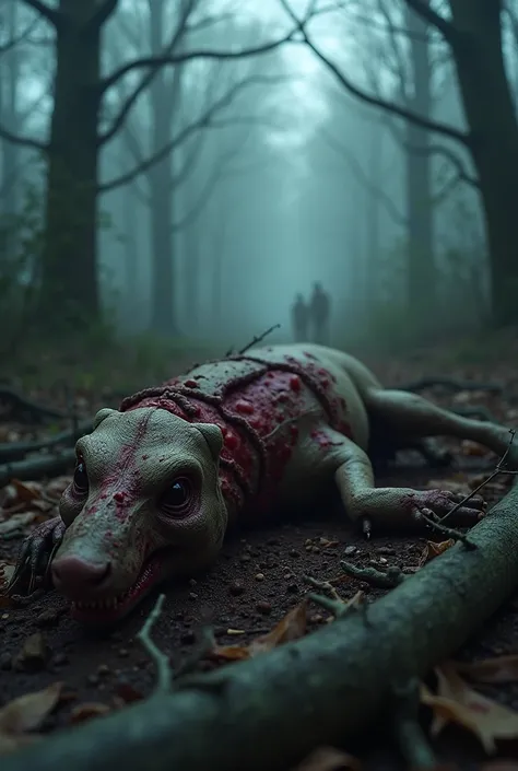 close up of a bloody dismembered dead animal in the foggy forest, nightmare, highest definition, highest detail, highest quality 