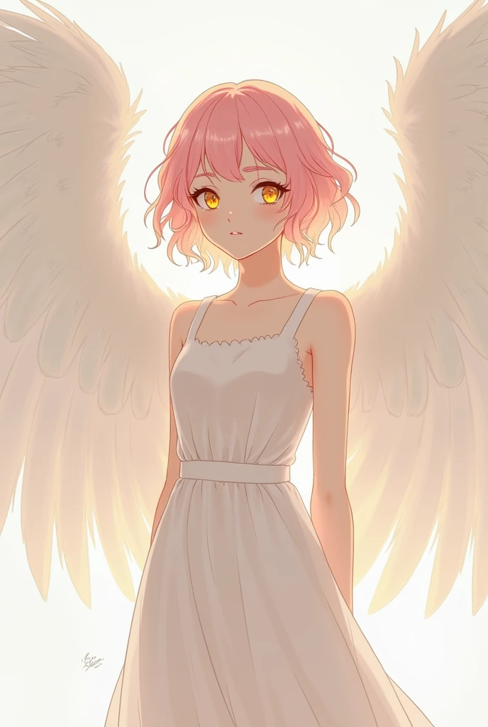  an androgynous minimalist anime angel character with pink and wavy hair. with yellow eyes. With clothes aestheticf 