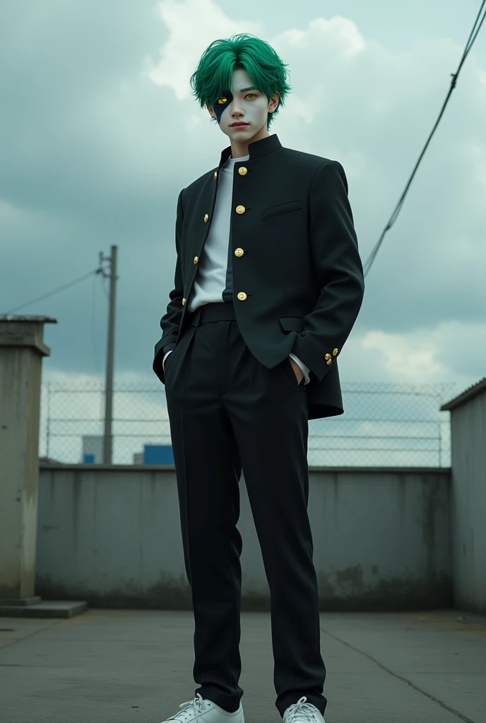 Very realistic,Japanese male, 20 years old,Short green 10cm hairstyle ,Black alma mater with Stand collar,Gold buttons, black formal trousers,White sports shoes,(Having facial skin that is Divided by the center line half white and half black),Having yellow...