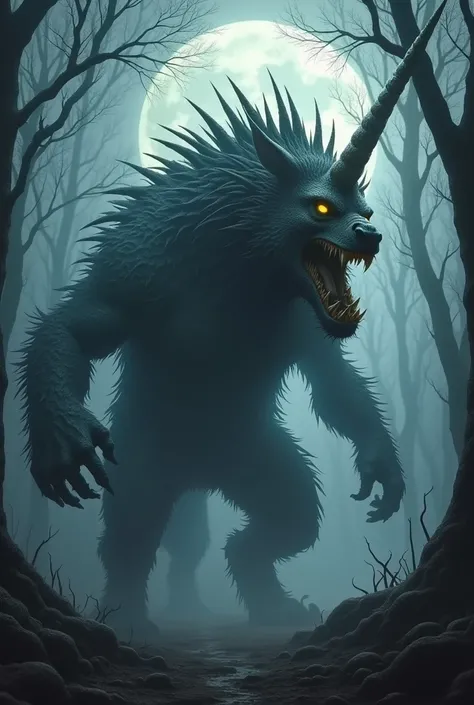   Imagine a giant hybrid monster  ,   with fury and of a unicorn mixed with the sharpness and protection of a hedgehog.   The monsters body has the strength and muscles of a unicorn  ,  but with a full spiny body  ,   with long spines and sharp hedgehog pe...