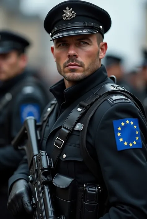 A soldier of the EU special forces. The uniform is black, with silver details and black leather. The cap is black and has the EU stars on the front. The soldier has the EU flag on the right shoulder. 