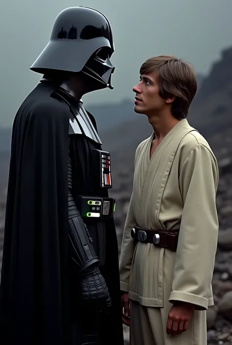 An image of Darth Vader standing beside Luke Skywalker. Darth Vader, dressed in his iconic black armor, is looking at Luke with a firm and deep gaze, his helmet reflecting a sense of intensity and internal conflict. Luke Skywalker, dressed in his Jedi atti...