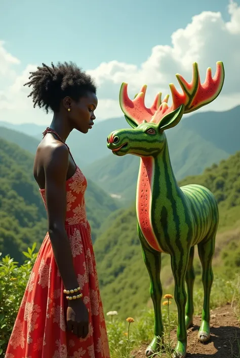 A black woman with a moose made of watermelon in realistic Africa 