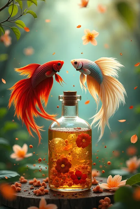 bottle with essential oil with leaves, spices and flowers flying in the nature background, Siamese Fighting Fish, very very long tail betta fighting fish 