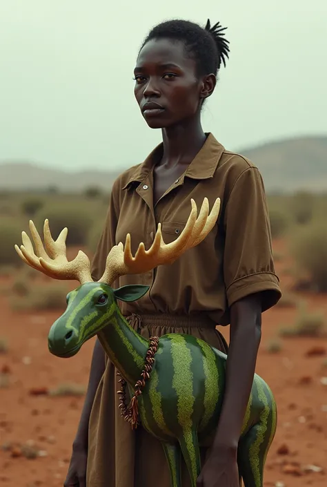 A black woman going hungry 
with a realistic moose made from watermelon in Africa 