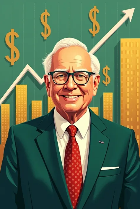 A realistic illustration of Warren Buffett smiling, standing in front of a background featuring a blend of financial growth symbols, such as upward-moving stock charts, stylized dollar signs, and modern skyscrapers. The colors are predominantly green and g...