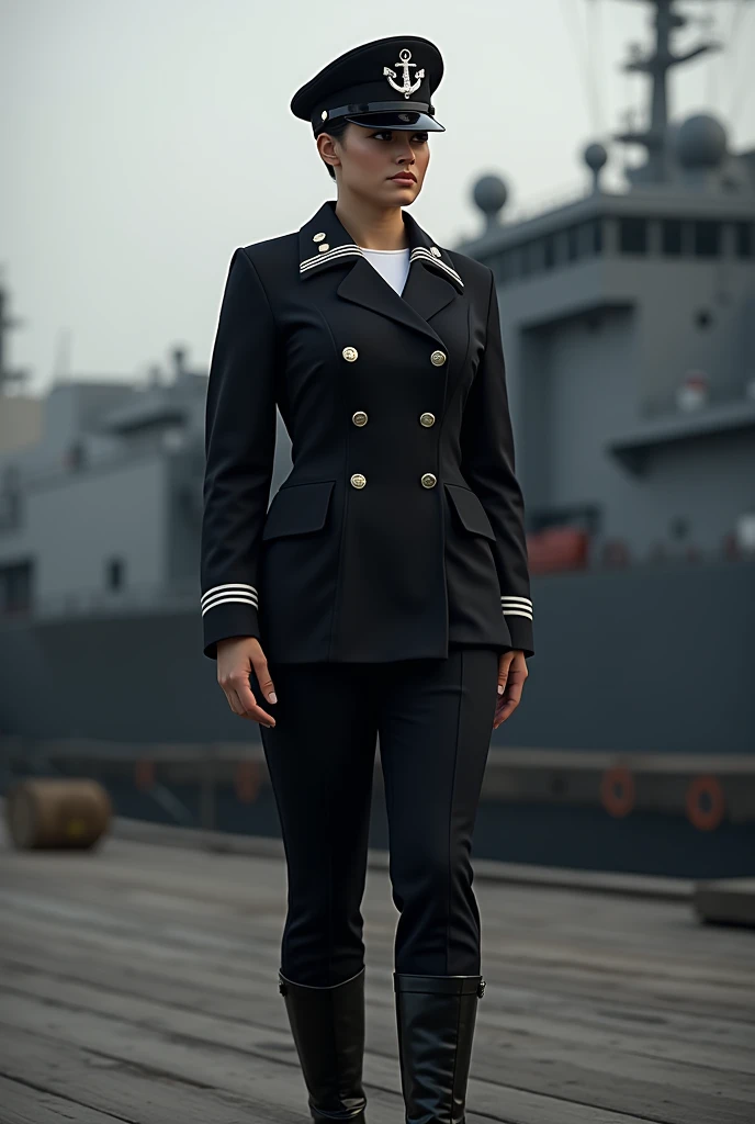 A soldier from the EU navy. The unifor is black with whithe details. The soldier has a sailors cap with a silver anchor. The soldier wears black boots