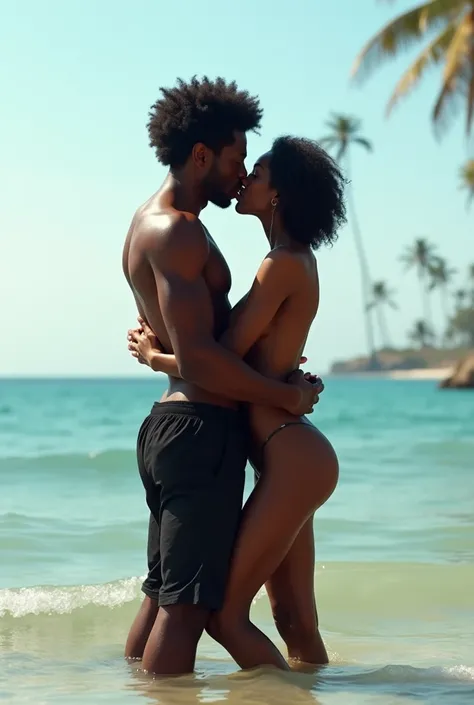 A dark skinned black African man; bare bodied; unkempt; bushy afro hairstyle; slim; bare bodied; wearing loose blacks shorts; bare feet; is standing knee deep in the sea  her; holding her; they kiss. Full body picture. 