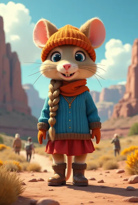 western,  super high resolution ,  detailed background,  World Heritage Site, Anthropomorphic mouse girl Mobian Furry gigantic in perspective with braid orange wool hat blue sweater red skirt brown boots wool gloves happy orange, happy,  absurdres(  Photos...