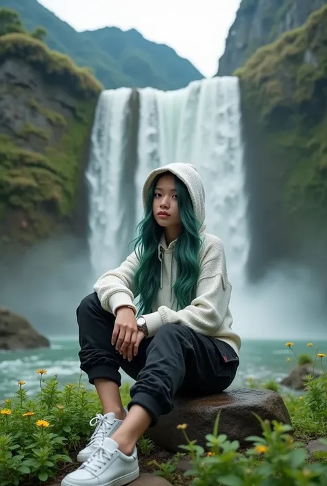 A beautiful Indonesia girls 27 years old, well-groomed face, sitting pose on a rock next to a very large waterfall, dikelilingi bunga kecil berwarna hijau, rambut hitam hijau panjang, wearing white knitted hooded sweatshirt , black Cropped Pants with Lots ...