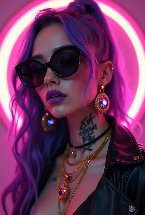  Alternative girl,  looking over black sunglasses , jacket, collar,  neon light reflections on the skin, earring, makeup,  skin imperfections , Long purple hair pink and purple flying saucer background with golden armor filled with gold jewelry of purple l...