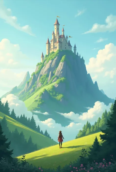 I want an illustration  .  A small castle on top of a mountain . There are hills around him  .  In the foreground is the main character on a small hill .