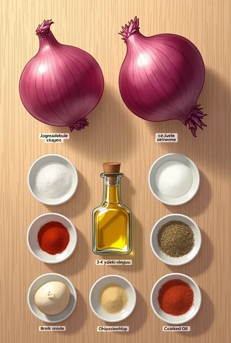 Create a detailed and realistic top-down illustration of a wooden kitchen countertop. On the surface, arrange the following ingredients neatly, with each item labeled and spaced for clarity. The ingredients should include:
	•	2 red onions, labeled ‘cebule ...