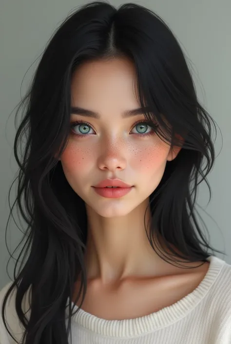 Young mature German woman with blue eyes,  long dark black hair ,  brown freckle , realistic eyes ,  realistic head , 4k, white sweater 