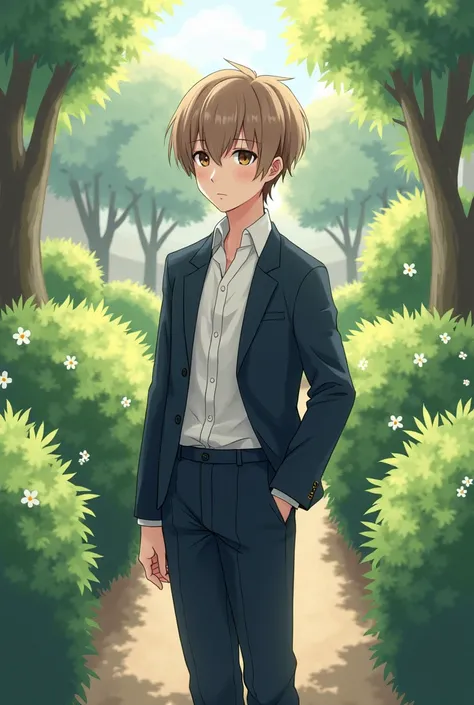 An anime boy,  brown hair , light skin, , 1,54 inches tall, Japanese mens school clothes................ scene:A school garden