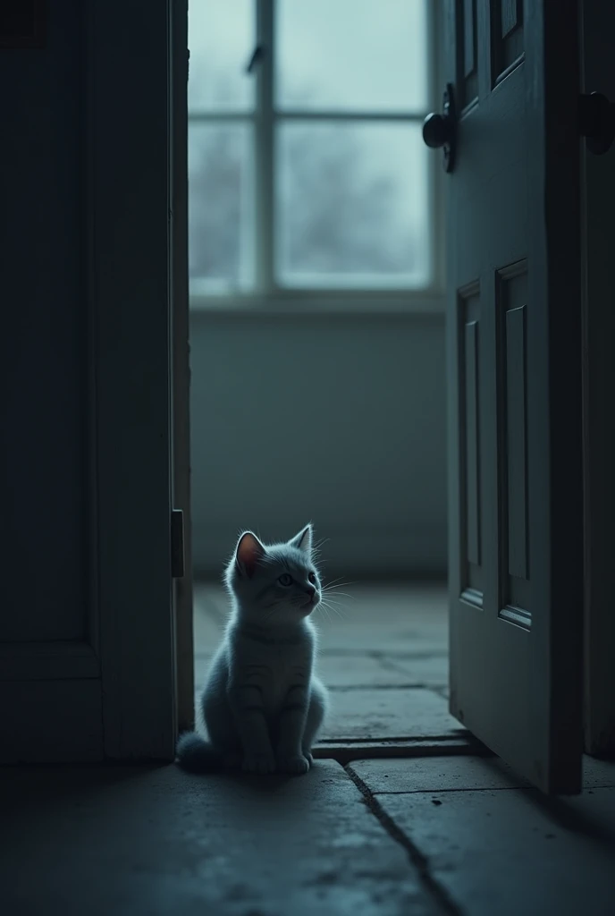 Lino Alone at Home:
"The interior of the house is empty and silent. The small gray kitten sits by the front door, with a hopeful look, as if waiting for its parents to return. The faint light of dusk filters through the windows, creating a melancholic tone...