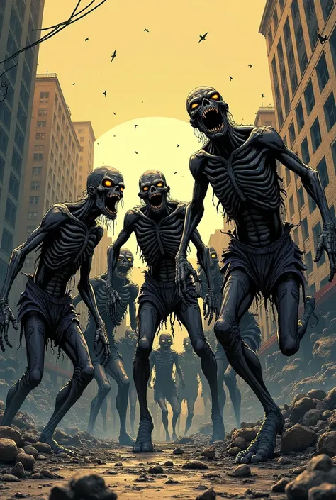 a group zombies, full body, the zombie apocalypse thematic, comic drawing style, HD, very detailed.