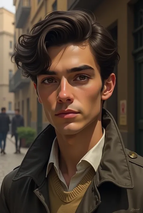 Daniel Sempere is a young man in his early twenties, with a simple and natural appearance. He has dark brown, slightly wavy hair, cut in a practical style typical of the era. His brown eyes are expressive and thoughtful, reflecting a maturity gained throug...