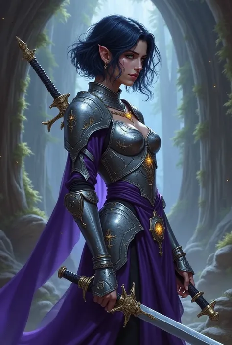 A female half-elf from d&d with short black hair. She is a Twilight cleric with silver and purple armor. She carries a sword and on her clothes there are stars like a night sky. 
