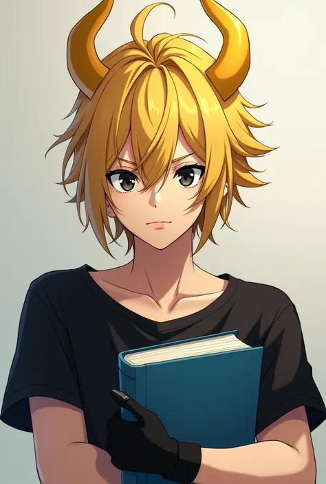 Anime boy serious face light skin color black eyes yellow hair a blue book 
Like a hat and some yellow horns a black t-shirt with black gloves and good but very handsome with a serious face 
