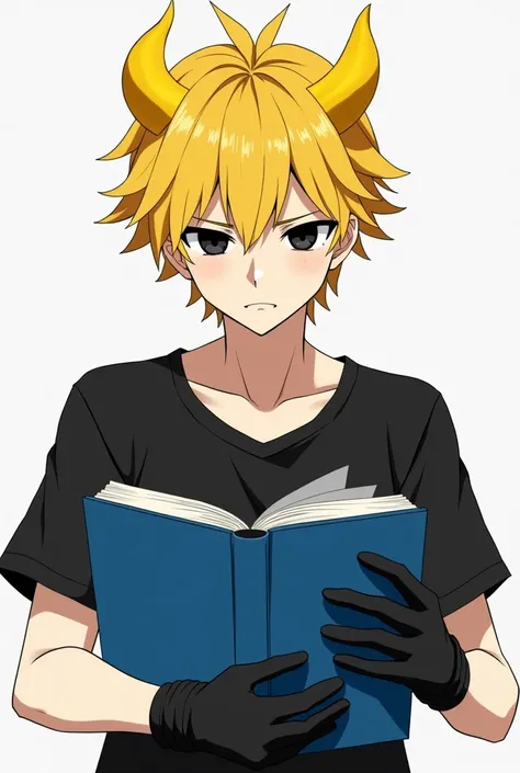 Anime boy serious face light skin color black eyes yellow hair an open blue book 
Like a hat and some yellow horns a black t-shirt with black gloves and good but very handsome with a serious face 
Gender man