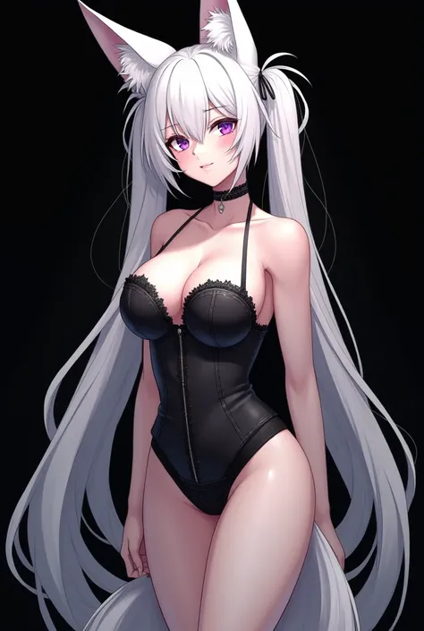 Best quality, High accuracy, Great job, precise, High resolution, sexy mature anime woman, masterpiece, best quality, big breasts, perfect hair, long white hair, (side ponytails), ((twin tails)) street clothes, white fox ears, limited color, thighs, purple...