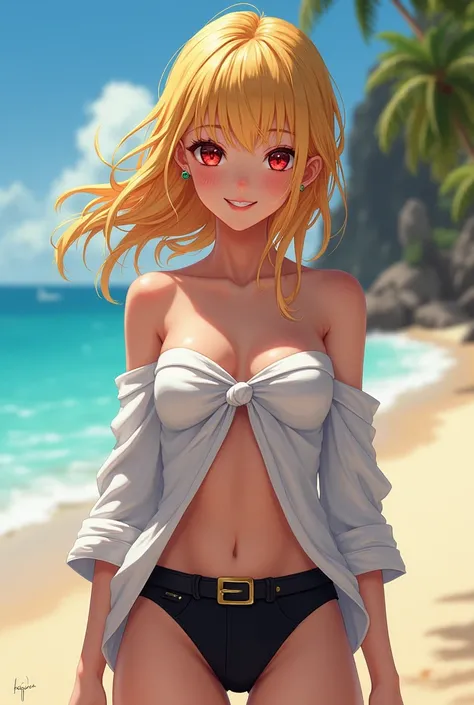  better quality , ( masterpiece :1.2), Detailed,
Beichuan Marine SB ,
 a girl, alone, Teeth,  bright smile , earrings,
long hair, blonde hair, Ojos rojos,  colored hair , black belt, black neck,
 black shorts , camisa blanca, off the shoulders,  shirt tuck...