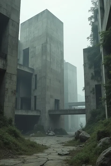 A post-apocalyptic brutalist city, built from massive raw concrete structures. The geometric shapes are stark and angular, with buildings worn down by time and covered in cracks and invasive vegetation. Underground passageways and open plazas are empty, ra...