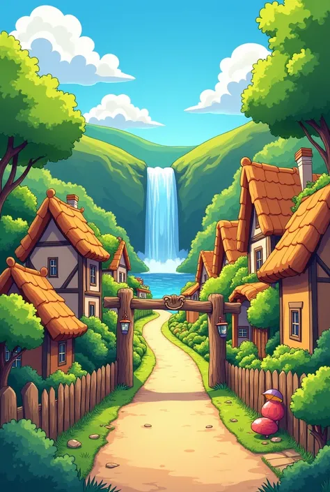 make me a cartoon picture of a view of a village road with a gate that looks beautiful, there are peoples houses and a waterfall and it says village nglengkir