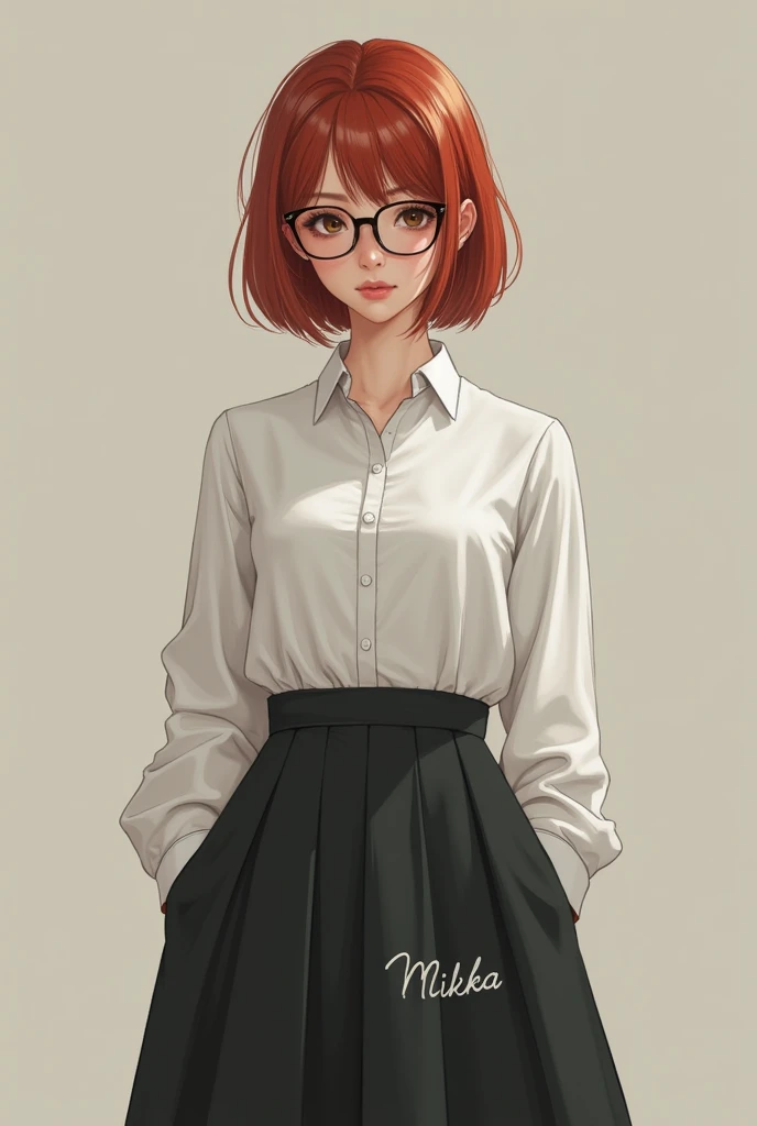   with straight red hair , dark skin color ,Calm and observant ,wear glasses, brown eyes ,short hair, and dressed with the name Mikka around the waist of her long skirt,the white blouse.