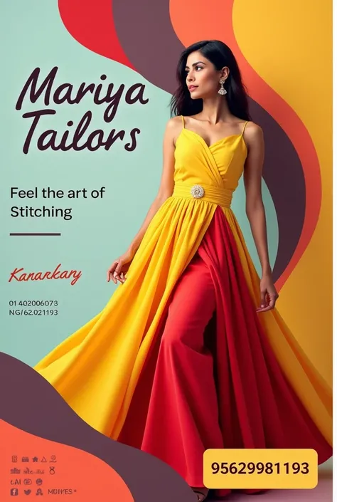 "Create a professional and vibrant advertisement poster for Mariya Tailors. Include the following details in a sleek, modern design:

Mariya Tailors in large, stylish fonts at the top.
Feel the art of Stitching as a tagline in a sophisticated, sleek font.
...