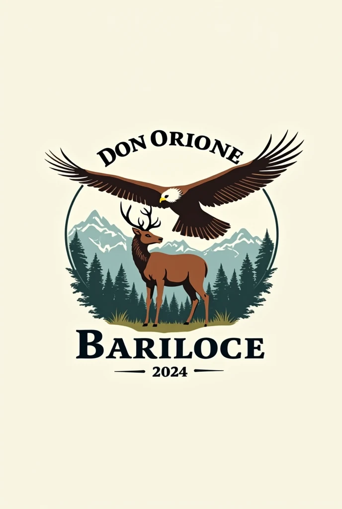  A logo inspired by the logos of Argentine national parks,  camp containing an Andean condor, a huemul , THE PHRASE "Bariloche 2024 " "Don orione" 