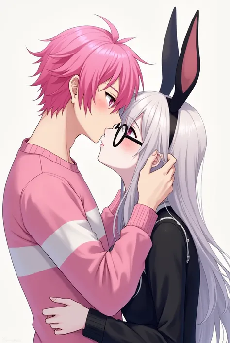 An anime boy is a man with pink rabbit ears, pink hair, pink eyes, a pink sweater with white stripes, kissing a man with black rabbit ears, a white skin color, a black sweater, glasses and his white hair. 
