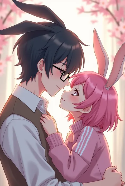 An anime boy is a man with pink rabbit ears, pink hair, pink eyes, a pink sweater with white stripes, kissing a man with black rabbit ears, a white skin color, a black sweater, glasses and his white hair, gender man. 
