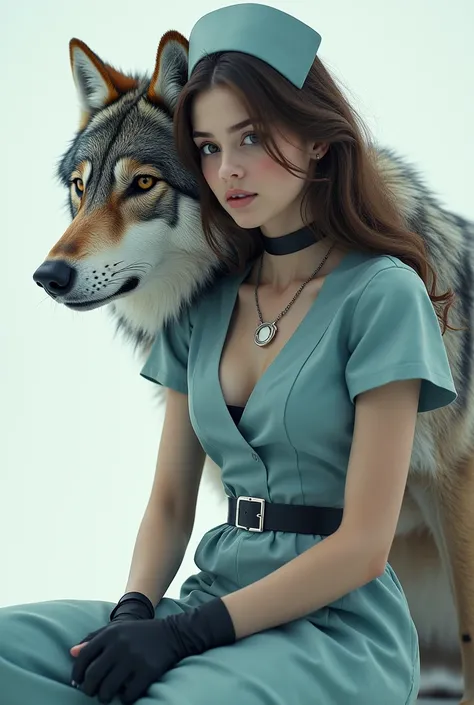 Limage est une double expositions d un loup et dune jeune femme déguisée en infirmière elle a un collier ras du cou noir. Elle a de longs cheveux brun coiffés en vagues lâches, La femme est assise sur sa tenue d infirmière avec une ceinture noire autour de...