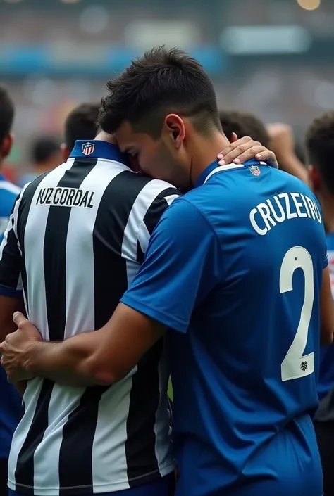  A Clube Atlético Mineiro fan ,  wearing a vertical black and white striped jersey,  a Cruzeiro fan , All-blue jersey ,  both on their backs and with their heads down ,  hugged and sad 