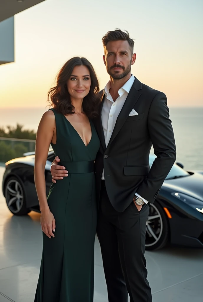 Ideal couple: a man and a woman in the background of a luxurious villa overlooking the ocean. The 45-year-old man in a stylish suit from a famous brand, looks confident, has an athletic physique, green eyes, no beard and attractive appearance. A 39-year-ol...