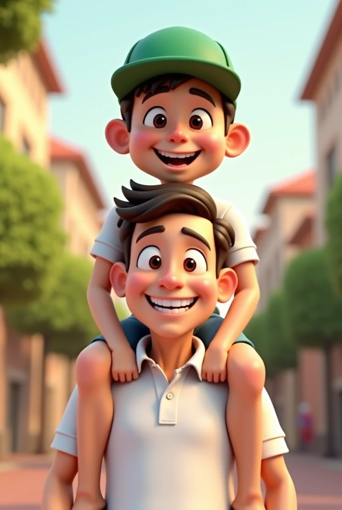 3D cartoon of a man wearing a white polo who has a  boy and who wears a green cap and who is sitting on the mans shoulders, the man and the  boy should look forward and be happy