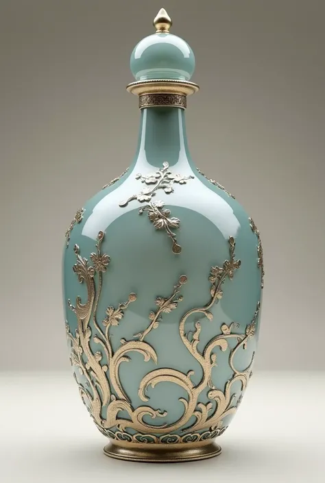 Draw a 3d model of a glass bottle ,  the bottle is covered with oriental-style metal ornaments 