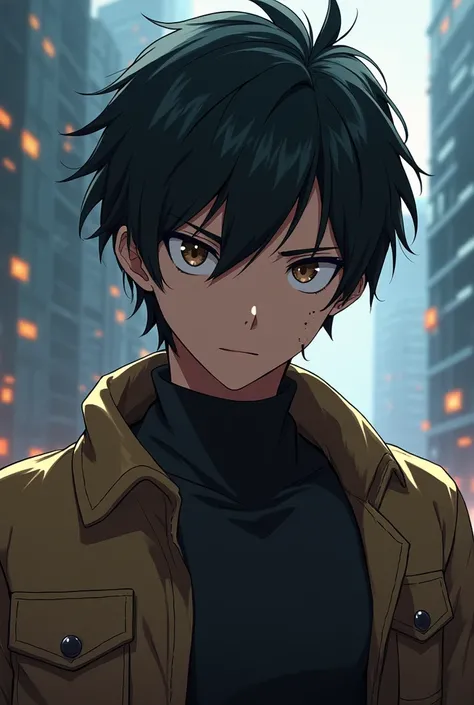 16-year-old adolescent with muscle mass Short black hair and dark brown eyes Brazilian white-skinned anime Cool and Calculating 