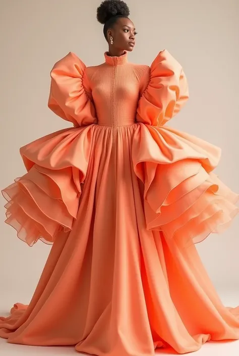  Peach color dress with very wide sleeves, with very wide skirt and high collar 