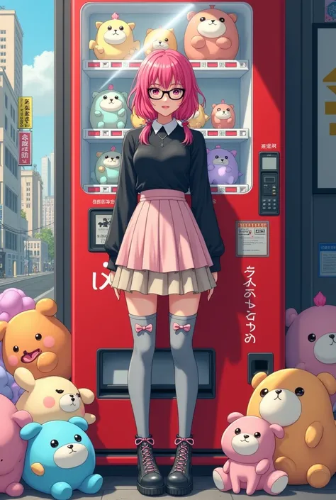 A young woman with vibrant pink hair, wearing a black top, a pastel pink/beige layered skirt, gray thigh-high socks with bows, and oversized glasses, stands in front of a red vending machine in a city setting; the image features a collection of stuffed toy...