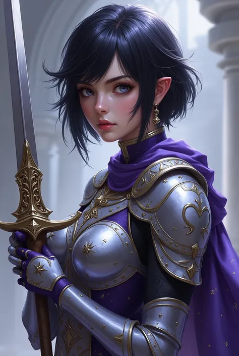 A female half-elf with short black hair. She is a twilight cleric with a sword. Her armor are silver and purple with stars like a night sky. She has a scar that runs across her left eye. Show the person head-on. 