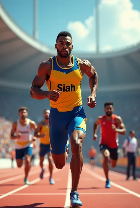 A beautiful, brown coloured skin male athletic runner wearing a yellow and blue costume with a black writing on it saying siah, running on the track leading seven other runners with relay buttons on their hands,on the background there are many spectators c...