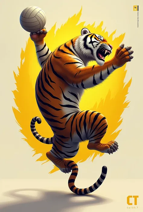 Generate a realistic tiger logo 
Jumping to finish off a volleyball with the initials C.R.D.T with the colors yellow ,negro

