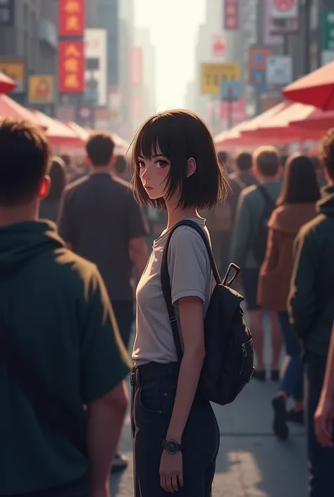 

"Imagine a bustling city street or a crowded event, with people moving in all directions, engaged in their own conversations and activities. In the midst of this sea of faces, theres one girl standing slightly apart from the crowd. She’s dressed in a sim...